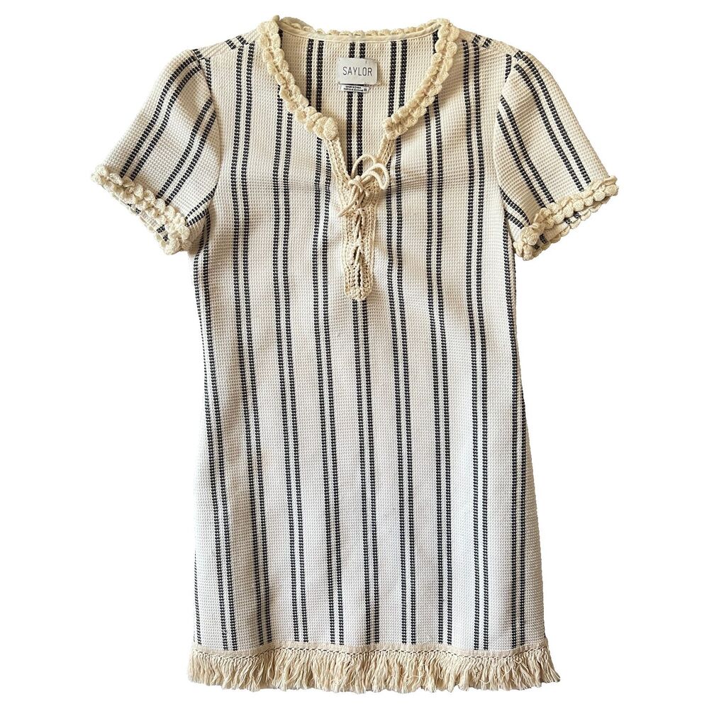 SAYLOR Dress XS black ivory stripe fringe shift